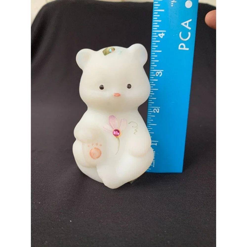 Vintage Fenton Glass Bear White Satin 2 Rhinestones 3.50” Figurine Hand Painted